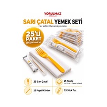 Lüks Sarı Çatal Yemek Seti 25 Kişilik Modern Sunum, 33 33 Garson Katlamalı Peçete, Poşetli Kürdan Ve Stick Tuz