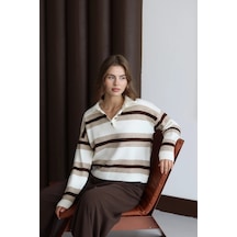 Park Karon Kadın Kemik Oversize Çizgili Polo Yaka Triko Kazak Kemik