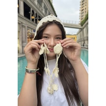 Mollycrush Krem Çiçek Motifli Örgü Hair Band Bağcıklı Yazlık Kadın Başlık Krem