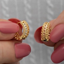 Gümüş Gold Petek Desenli Halka Kadın Küpe Gold