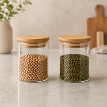 2'li 300 Ml Bambu Kapaklı Cam Kavanoz Seti, Silikon Contalı Şeffaf Baharatlık Ve Saklama Kabı, Çay Kahve Şeker Baharat Kuruyemiş Kavanozu Çok Renkli