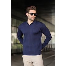 Madmext Lacivert Polo Yaka Çizgili Uzun Kollu Kazak 7239 Lacivert