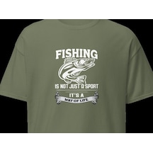 Wildstyle Fishing Is A Way Of Life Balıkçılık Yaşam Tarzı Baskılı Unisex Bisiklet Yaka Pamuklu Tişört - Haki