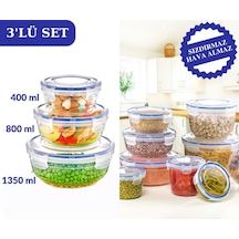 Flosoft Contalı Sızdırmaz Hava Almaz Yuvarlak Saklama Kabı 3’Lü Set 400 Ml800 Ml1350 Ml Şeffaf