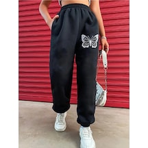 Unisex Butterfly Eşofman Altı Jogger - Siyah Baskılı Lastik Paça Yüksek Bel Siyah