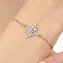 Pink Taşlı Hanedan Nişanı Gold Renk Vintage Gümüş Bileklik