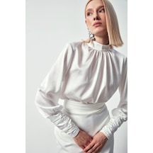 Sateen Zincir Desenli Saten Bluz - Ekru