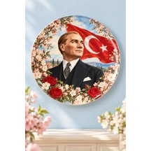 Dekoratif Duvar Tabağı Atatürk, Bayrak Ve Çiçekler Dekorlu Seramik Tabak Pembe