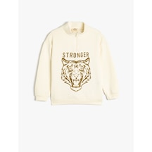 Koton Kaplan Baskılı Fermuar Detaylı Pamuklu Sweatshirt Ekru 5wkb10575tk Ekru