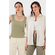 Lela Streç Pamuklu Oversize Fit 2' Li Paket Bayan Gömlek-Atlet Set 67810014979S2 Bej-Olıve