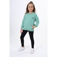 Toontoy Kids Toontoy Kız Çocuk 2'li Takım Baskılı Bisiklet Yaka Düşük Omuz Cepli Sweatshirt & Basic Düz Tayt Yeşil
