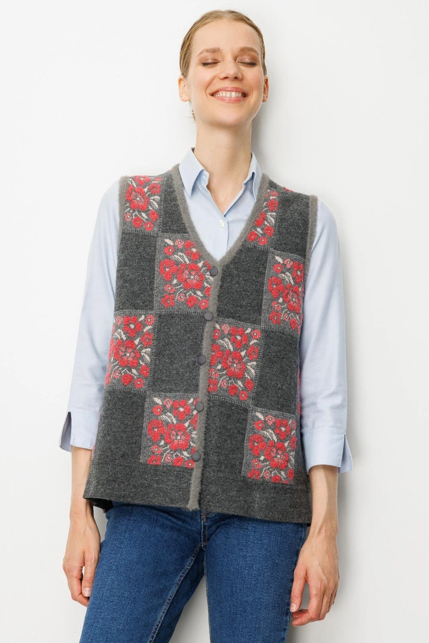 Desen Triko Kadın Pıtırcık Çiçekli Patchwork Keçe Yün Yelek Füme Y.ş.pembe Füme Y.ş.pembe