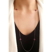 Pembe Zirkon Taşlı Gümüş Rose Uzun Zincir Kolye (464307823)
