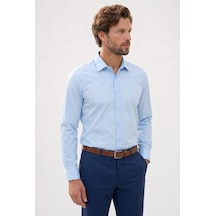 Tudors Erkek Modern Slim Fit Uzun Kollu %100 Pamuk Premium Seri Saten Mavi Gömlek-49937