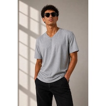 Barlashive Erkek V Yaka Basic Tişört Kısa Kol Yazlık Regular Fit T-shirt - Gri Çok Renkli