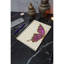 Kelebek Desenli Ahşap Kapaklı Defter - Ajanda - Günlük - Çizgisiz Defter - Düz Notebook Çizgisiz