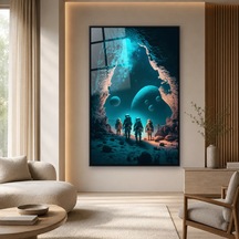 Mağaradan Gezegenlere Bakan Astronotlar Siyah Çerçeveli Cam Tablo