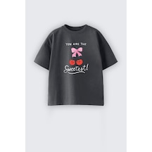 Monila Kız Çocuk Kiraz Baskılı Pamuklu T-shirt Antrasit