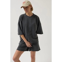 Oversize Lazer Kesim Bisiklet Yaka T-shirt Antrasit