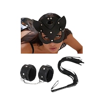 Tegangold Fantezi Deri Alımlı Siyah Kedi Maske Kelepçe Kamçı Seti 3'lü Set Mh5369 Siyah