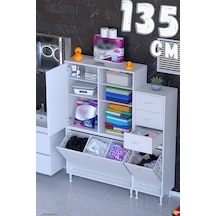 Ohbe 90 + 45cm Genişlik 160cm Boy 32,5cm Derinlik Kirli Sepetli 1 Kapak 3 Çekmeceli Çok Amaçlı Banyo Dolabı Beyaz