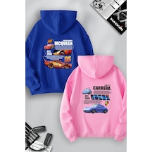 Macklin Sevgili Çift Kombin Mcqueen Ve Sally Sırt Baskılı Özel Tasarım Kapüşonlu Sweatshirt 2li Set Takım Mavi Pembe Mck1173 Çok Renkli