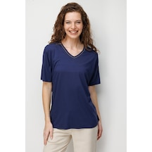 Desen Triko Kadın V Yaka Yaka Kenarı Zincirli Penye T-shirt 26707 Lacivert Lacivert