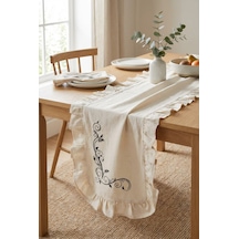 Siyah Nakış Detaylı Fırfırlı Masa Runner 40x120 Cm Şık Dekoratif Masa Ve Konsol Örtüsü Açık Krem