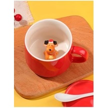 3d Yavru Geyik Biblolu Kırmızı Porselen Kupa - 350ml Şık Ve Eğlenceli Tasarım,kırmızı Açık Ahşap