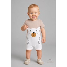 Babyden's Erkek Bebek Ayıcık Baskılı Kısa Kollu %100 Pamuk Yazlık Bebek Tulumu Yenidoğan Günlük Tulum 0-9 Ay Bej
