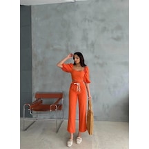 Defymoda Keten Crop Karpuz Kol Bluz-pantolon Hasır Kemerli - Orange Orange Turuncu
