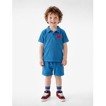 Koton Yengeç İşlemeli Kısa Kollu Pamuklu Oversize Polo Yaka Tişört Mavi 6smb10160tk