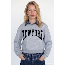Quzu Ekose Garnili New York Yazılı Oversize Sweatshirt Grimelanj