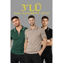 Wear Vexel Erkek Triko Tişört Fermuarlı Polo Yaka Kısa Kol T-shirt 3 Lü Set Siyah-kahve-haki Çok Renkli