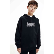 Tshirthane Depraver Logo Baskılı Unisex Çocuk Kapüşonlu Siyah Sweatshirt Siyah