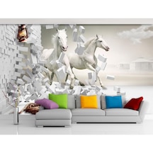 3D Boyutlu Koşan Beyaz Atlar Duvar Kağıdı