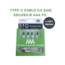 Ers Usb Type-c İle Şarjolabilen 4 Adet Aaa 1.5v Lityum Şarjlı Kalem Pil 750 Mah Uzun Ömürlü