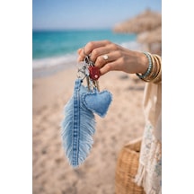 El İşçiliği Kalp Yaprak Detaylı Denim Çanta Charm Mavi