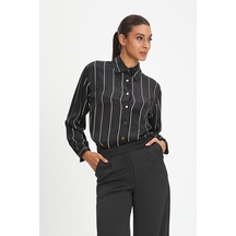 Kadın Çizgili Gömlek - Klasik Yaka Ve Düğme Detaylı Modern Tasarım Siyah