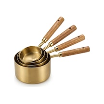 4'lü Büyük Boy Ölçü Kabı Seti, Paslanmaz Çelik Yapı, Ahşap Saplı Gold Hazneli Tasarım, 60 Ml 80 Ml 125 Ml 250 Ml Ölçüler, Ev Ofis Restoran İçin Kullanıma Uygun Pratik Ölçü Kaşığı Seti Çok Renkli