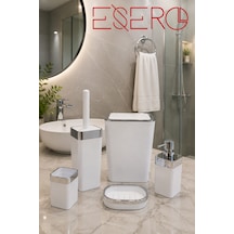 Dante 340 Krom Beyaz 5'li Lüks Banyo Aksesuar Seti Beyaz Krom Çöp Kovası Wc Fırçalık Sıvı Sabunluk Sabunluk Diş Fırçalık Modern Banyo Seti