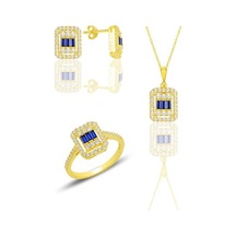 Gümüş Altın Yaldızlı Baget Kesim Safir Taşlı Çizgili Üçlü Set