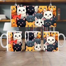 Renkli Kedi Desenli Kupa Bardak Sevimli Yüzlü Kahve Ve Çay Kupası - Hediye Beyaz