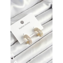 Pirinç Zirkon Taşlı Halka Model Gold Renk Kadın Küpe Gümüş