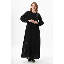 Uzun Kol Şile Bezi Gülşah Bisiklet Yaka Nakışlı Uzun Yazlık Elbise Siyah Syh Siyah