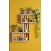 Ahşap Zikzak Duvar Rafı - 75x50 Cm Dekoratif Masif Kitaplık Ve Saksılık - 3 Bölmeli Duvar Dekoru Bej