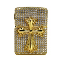 Zippo Özel Seri - Iced Out Zirkon Taşlı Haç Figürlü Lüks Çakmak Sarı