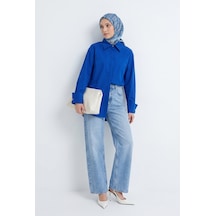 Armine Trend Klasik Yaka Gizli Patlı Oversize Gömlek İndigo 26yt304