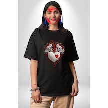 Robot Kalp Atardamar Pamuklu Bisiklet Yaka Unisex Oversize Boyfriend Dijital Baskılı Siyah T-shirt Siyah