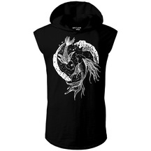 Unisex Koi Balığı Tasarım Kapşonlu Kolsuz Siyah T-Shirt-Siyah